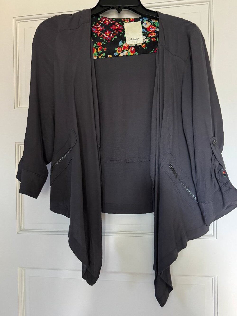 Elevenses Anthro Draped Open Front Jacket with Zip Pockets – Gray-Size S